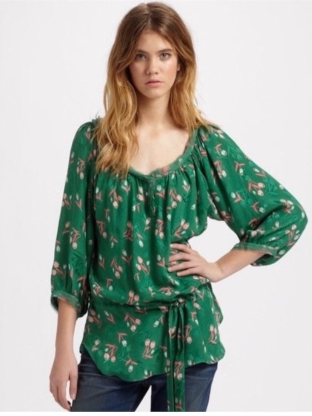 Rebecca Taylor Floral Tulip Blouson 100% Silk Tie Waist Tunic Blouse size 4